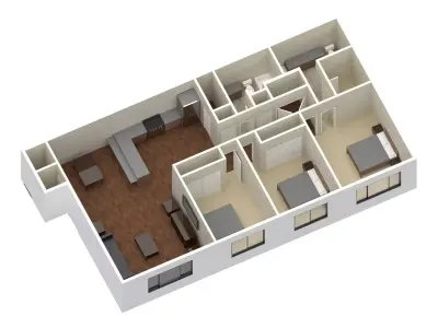 3 Bedroom 2 bathroom apartment unit model modern architectural  Low-poly 3D model