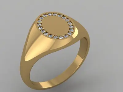minimalism gold signet ring with diamonds 3D print model