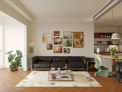 Scandinavian Japandi Kitchen and Living Area with Coffee Bar 3D model