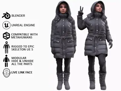 Woman - Winter Outfit 5 - Modular - Rigged Low-poly 3D model