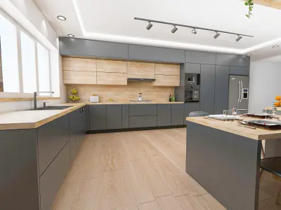 Modern kitchen in anthracite gray and aok wood 3D model