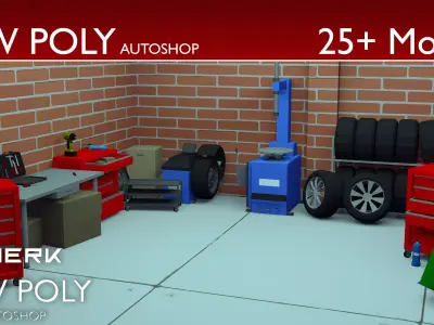 LowPoly Autoshop garage with tires and tools Low-poly 3D model