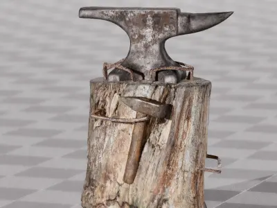 Rustic Anvil Hammer and Stump 3D Models - 8K PBR Nanite Ready Low-poly 3D model