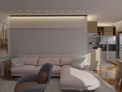 living room with smart kitchen 3D model
