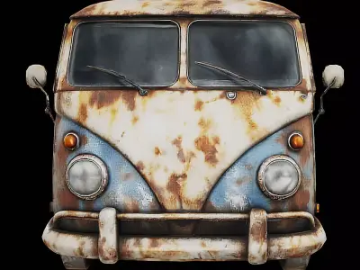 Vintage Mini Bus Rusted Retro Transport Van Game Ready PBR Low-poly 3D model