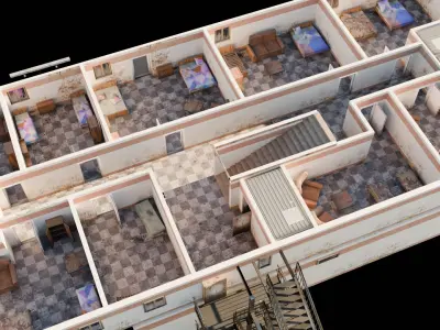 Old neglected hotel with interior furniture Low-poly 3D model