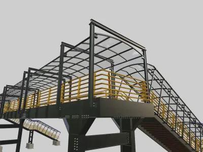 Steel Pedestrian Bridge-Three Columns-Pipe Rail-Straight Type-8 3D model