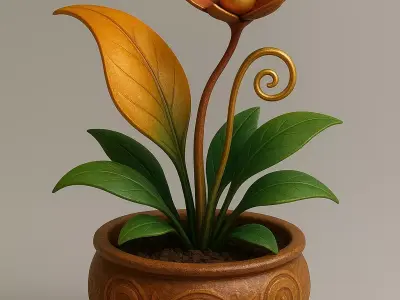 Stylized gOLD Fantasy Plant - Flower in Ornate Terra Cotta Pot 3D model