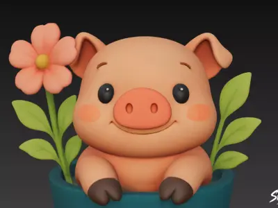 Pig in Flower Pot Low-poly 3D model