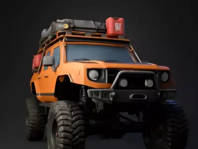 Stylized Orange Off-Road Vehicle with Expedition Gear Low-poly 3D model