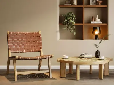 Japandi Reading Corner with Woven Lounge Chairs 3D model