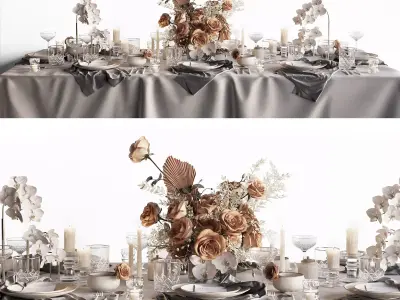 Tableware Set 3 3D model table with flowers and silverware 3D model