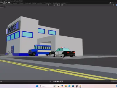 Stylized Low Poly Police Station with Rigged Police Car Low-poly 3D model