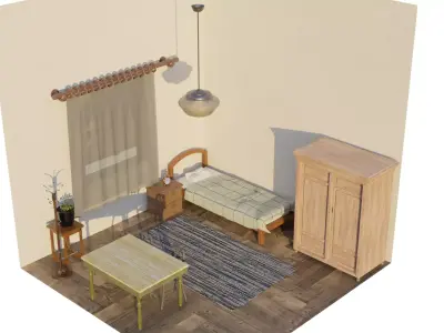 A Bedroom room with bed and table 3D model