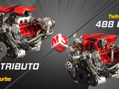 F8 Tributo - 488 GTB Engines - V8 Twin Turbo Engines 2 in 1 3D Model Collection