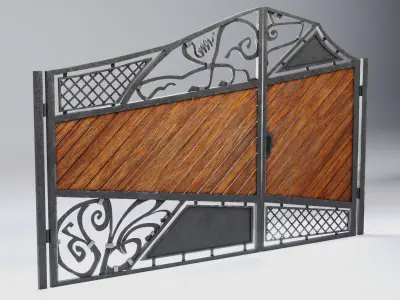 Wrought iron gates with wooden boards Low-poly 3D model
