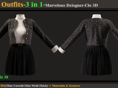 3 in 1 Girls Outfits-MD-Clo3d-OBJ-FBX-ZPRJ-Materials-Textures 3D model