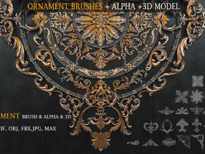 60 Ornament brushes and 3dmodel Low-poly 3D model