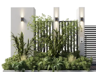 Door outdoor entrance and fence and graden 06 Low-poly 3D model