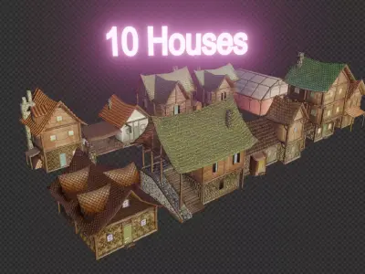 Stylized Medieval Houses Pack - 10 pieces - 4K Textures Low-poly 3D model