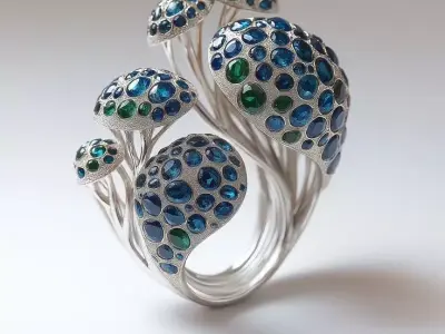 Futuristic Organic Jewelry Ring Mushrooms Gold 3D Gemstones Low-poly 3D model