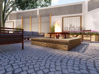Backyard landsacpe design of modern house with fireplace 3D model
