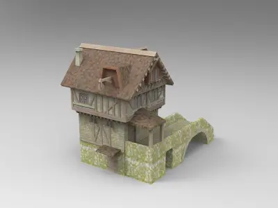 medieval house with a water mill Low-poly 3D model