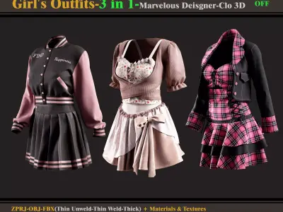 3 in 1 Girl Outfits- MD-Clo3d -OBJ - FBX -Materials-Textures 3D model