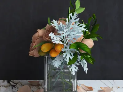 Bouquet of Austin Roses  Kumquat branches and Dusty Miller plant 3D model