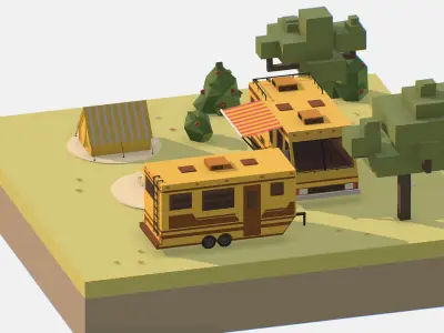 yellow tourist van on halt in meadow Low-poly 3D model