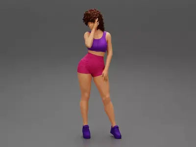 Beautiful Girl With Curly Hair Wearing Mini Short and sneakers 3D print model