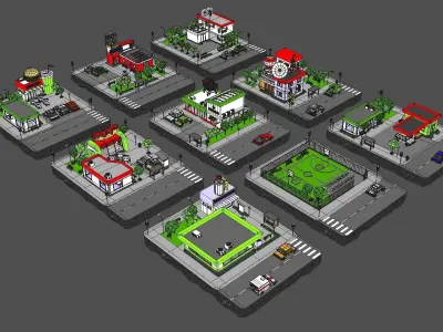 Cartoon Low Poly City - 9 Blocks Low-poly 3D model