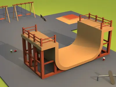 Skateboard skate park with ramp and swings Low-poly 3D model