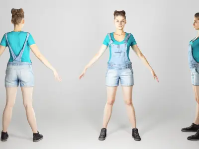 Pretty girl in denim in A-pose 191 Low-poly 3D model