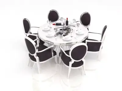 table dining with chairs and wine glasses 3D model