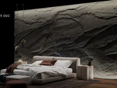 Black Rock Bedroom interior scene Rock Wall Set 002 3D model