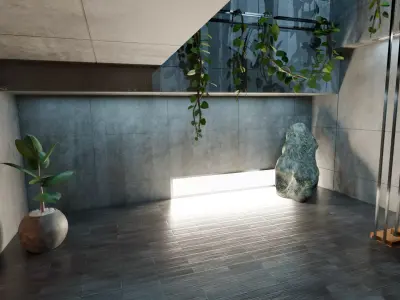 Concrete Interior Equipped - Modern Minimalist Hall Low-poly 3D model