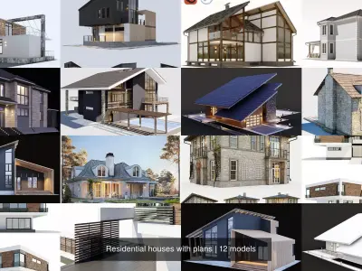 Residential houses with plans 3D Model Collection