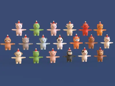 Cute Christmas Animal Pack 01  Low-poly 3D model