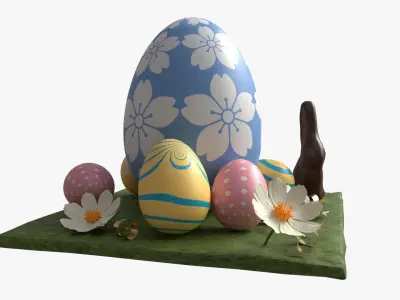 Easter Eggs Rabbit Flowers Composition 3D model
