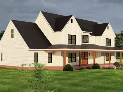 Modern Farmhouse Exterior with Front Porch and Black Roof 3D model