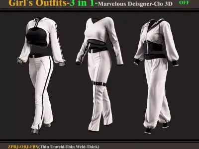 3 in 1 Girls Outfits- Marvelous Designer-Clo3d -OBJ - FBX -ZPRJ 3D model