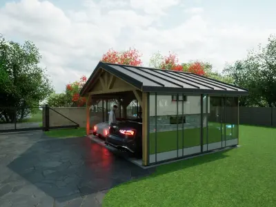 sheet metal wooden carport 5x6 m for render and game 3D model