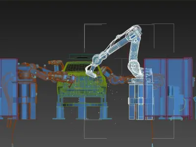 Robot arm animation car manufacturing production line factory 3D model