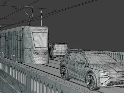 Stadler tram Audi VW and Skoda on bridge 3D model