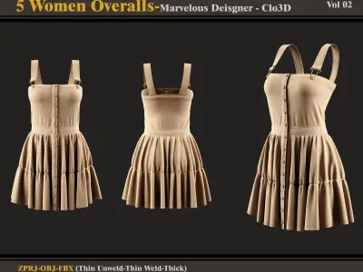 5 Women Overalls-Marvelous Designer-Clo3D-FBX-OBJ 3D model