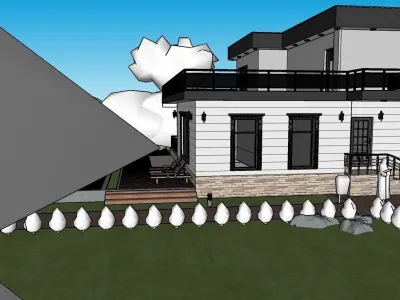 villa modern house with car on lawn Low-poly 3D model