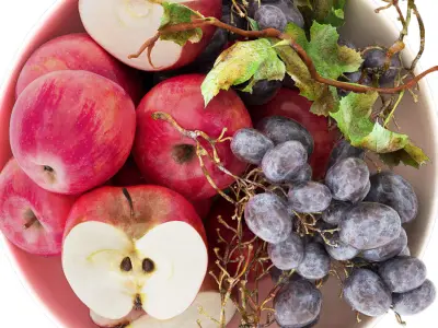 bowl of the red apples and black grapes fruits 3D model