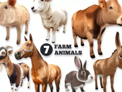 Farm Domestic Animals Bundle - 7 Set Models Low-poly 3D model