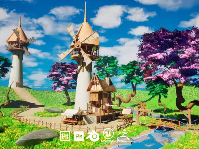 Stylized Windmill Village Game Ready Environment Unreal Engine  Low-poly 3D model